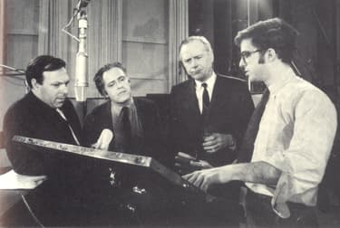 1966. At "The Medium Is The Massage" sessions at Columbia. Jerry Agel, who was instrumental in the concept of the recording, Quentin Fiore, instrumental in the graphic design of the book, Marshall McLuhan, media guru, and me.