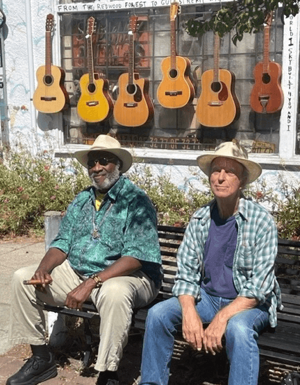 2022. Taj and I meeting in front of Mad Dog's guitar shop in Berkeley to discuss recording the "Savoy" album.