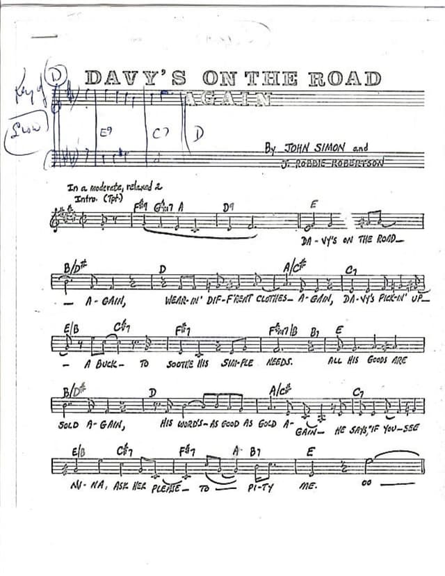 Lead sheet for Davy's on the Road Again