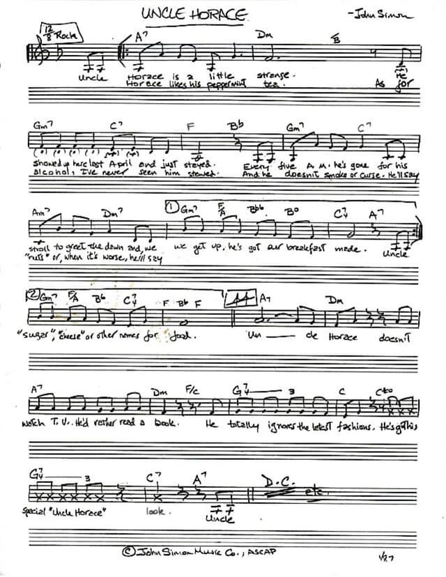 Lead sheet for Uncle Horace
